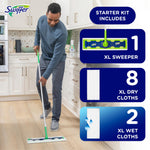 Person using Swiffer XL mop in a kitchen with graphic icons to the right listing contents: 1 XL sweeper, 8 dry cloths, 2 wet cloths.