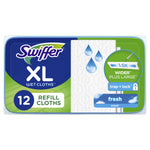 Front-facing Swiffer XL wet cloths refill package with green and blue branding and water droplet graphic