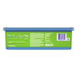 Back view of a Swiffer XL wet cloths tub showing instructions, small icons and a barcode on green label