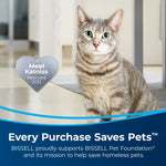 Tabby cat sitting indoors with a heart-shaped tag graphic and banner stating ‘Every Purchase Saves Pets’