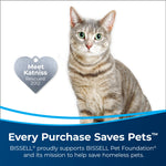 Portrait of a tabby cat beside a heart-shaped tag graphic and banner stating 'Every Purchase Saves Pets' supporting BISSELL Pet Foundation