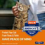 Person petting a content tabby cat with an overlay badge reading “America’s #1 Flea & Tick Brand” and Hartz branding