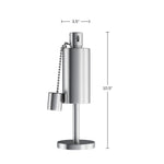 Stainless table torch with dimensions callouts showing 10.5-inch height and 3.5-inch top width on white background