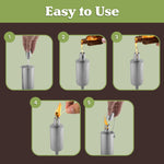 Step-by-step usage infographic showing filling, lighting, and snuffing of a stainless table torch