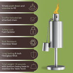 Single stainless table torch with flame and infographic callouts about features on green background