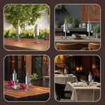 Four lifestyle scenes showing stainless table torches used on outdoor and indoor dining tables