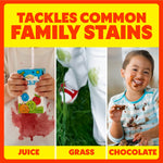 Three-panel image showing juice, grass, and chocolate stains labeled ‘Tackles common family stains’ on yellow and red background