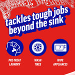 Red infographic panel with soap bubbles and the headline 'tackles tough jobs beyond the sink' plus icons for laundry, tires, and appliances.
