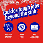 Red infographic panel with bubbles and icons describing tasks like pre-treat laundry, wash tires, and wipe appliances