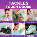 Six-panel infographic showing sources of tough odors like body odor, sweat, gym clothes and musty towels