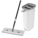 White tall mop bucket with gray wringer top and handle shown next to a flat rectangular mop head on a white background