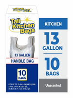 Tall Kitchen Bags package artwork with a clear handle-style bag image and a panel listing 13 gallon and 10 bags