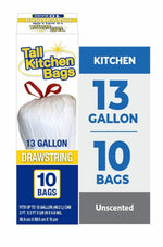 Tall Kitchen Bags packaging panel showing a tied white drawstring bag, '13 GALLON' and '10 BAGS' callouts
