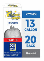 Tall Kitchen Bags packaging panel showing 13 gallon size, flap tie callout and 20 bags label
