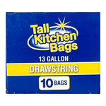 Blue box top with Tall Kitchen Bags logo, '13 GALLON', yellow 'DRAWSTRING' stripe and '10 BAGS' callout