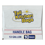 Close-up of Tall Kitchen Bags box top and header showing the brand logo, 'Handle Bag' label and '13 gallon' callout
