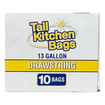 Close-up square panel of box with Tall Kitchen Bags logo, '13 GALLON', yellow 'DRAWSTRING' band and '10 BAGS'