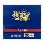 Close-up of blue Tall Kitchen Bags box front showing logo, flap tie stripe and 13 gallon 20 bags text