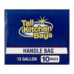 Close-up of the Tall Kitchen Bags logo on blue packaging with 'Handle Bag', '13 gallon' and '10 bags' text