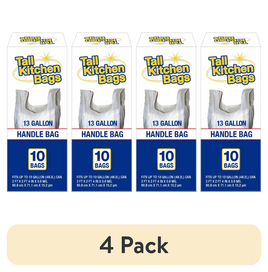 Four boxed Tall Kitchen Bags packages showing 13 gallon handle bag artwork and a '4 Pack' banner