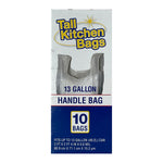 Front view of a Tall Kitchen Bags box showing a plastic handle bag image and '13 gallon' and '10 bags' text