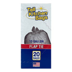 Front of Tall Kitchen Bags box showing tied trash bag image, 13 gallon and flap tie with 20 bags badge