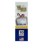 Narrow product box face showing Tall Kitchen Bags logo, tied white bag image and '10 BAGS' badge