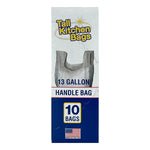 Tall Kitchen Bags narrow box front displaying the plastic bag image, '13 gallon' and 'Handle Bag' text with 10 bags icon