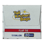 Top flap of Tall Kitchen Bags box with logo, flap tie label and 13 gallon 20 bags marking