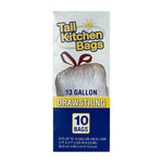 Tall vertical box face showing Tall Kitchen Bags logo, tied white bag image, '13 GALLON' and '10 BAGS'