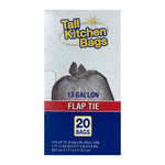 Tall Kitchen Bags vertical box view with tied bag graphic, 13 gallon label, flap tie banner and 20 bags icon