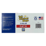 Wide cardboard package panel for Tall Kitchen Bags labelled 13 gallon with flap tie and 20 bags