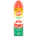 Tall product shot of OFF! Backyard Active sweat-resistant insect repellent aerosol can showing brand label