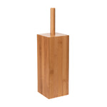 Tall square bamboo toilet brush holder with a short wooden handle viewed on white background
