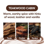 Teakwood Cabin scent graphic showing teak, cedar and tonka ingredient images with descriptive text