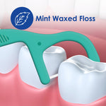 Illustration of a teal floss pick sliding between white teeth with a leaf icon and 'Mint Waxed Floss' text