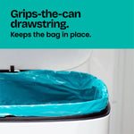 Close-up of a teal Glad bag secured inside a white trash can with text about a grips-the-can drawstring