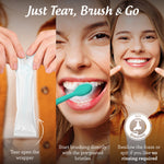 Three-panel lifestyle sequence showing tearing open a wrapper, brushing with a pre-pasted mini toothbrush, and a smiling user with no rinsing icon.