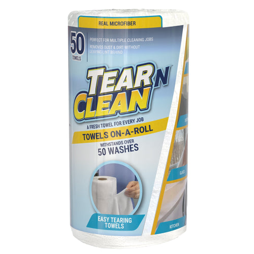 Packaged Tear N Clean white microfiber roll with branding and label indicating towels on-a-roll
