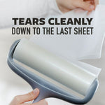 Hands tearing a sheet cleanly from a lint roller with text reading “tears cleanly down to the last sheet”