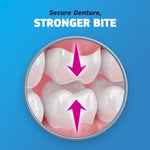 Close-up circular illustration of upper and lower teeth with arrows indicating a stronger bite and text 'Secure Denture, Stronger Bite'.