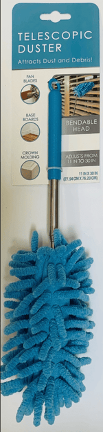 Packaged telescopic duster with blue chenille head and metal extendable handle on a branded hang card showing bendable head callouts