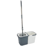 Telescoping mop handle inserted into a gray and white two-compartment bucket with built-in wringer