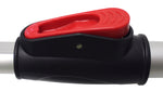 Close-up of the red release lever and black plastic locking collar on a telescoping broom pole