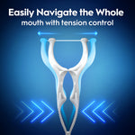 Stylized image of two floss picks overlapped with arrows and text about navigating the whole mouth using tension control.