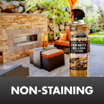 Spectracide Terminate termite killing foam can staged in a blurred outdoor patio setting with 'Non-Staining' text below.