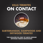 Graphic panel with a close-up termite image and bold text 'Kills Termites On Contact' describing subterranean, dampwood and drywood termites.