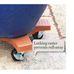 Terracotta plant caddy under a blue pot showing a locking swivel caster and a caption bubble reading ‘Locking caster prevents roll-away’