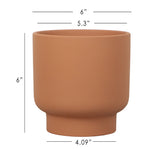 Terracotta planter with dimension lines and measurements annotated for height and diameters on white background.