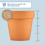 Terracotta pot with a vertical ruler graphic indicating size and a circular badge reading “smooth, unfinished, & ready to craft.”